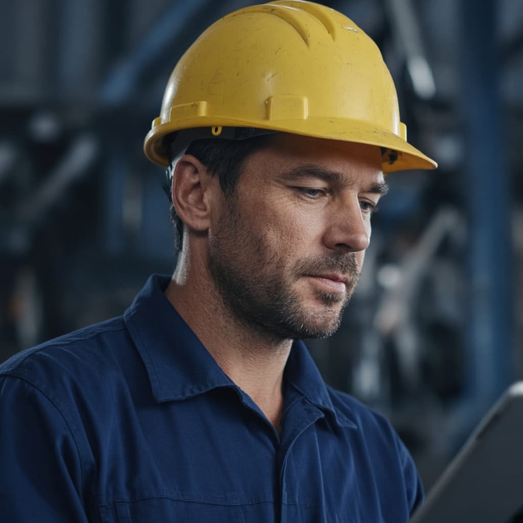 Worker in a yellow hard hat reviewing a training tablet