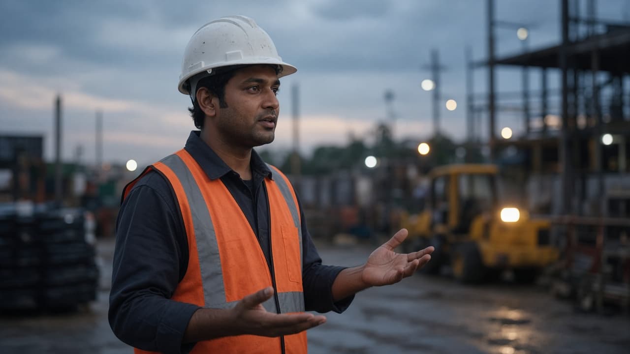 Safety trainer in an orange high-visibility vest explaining a procedure on site