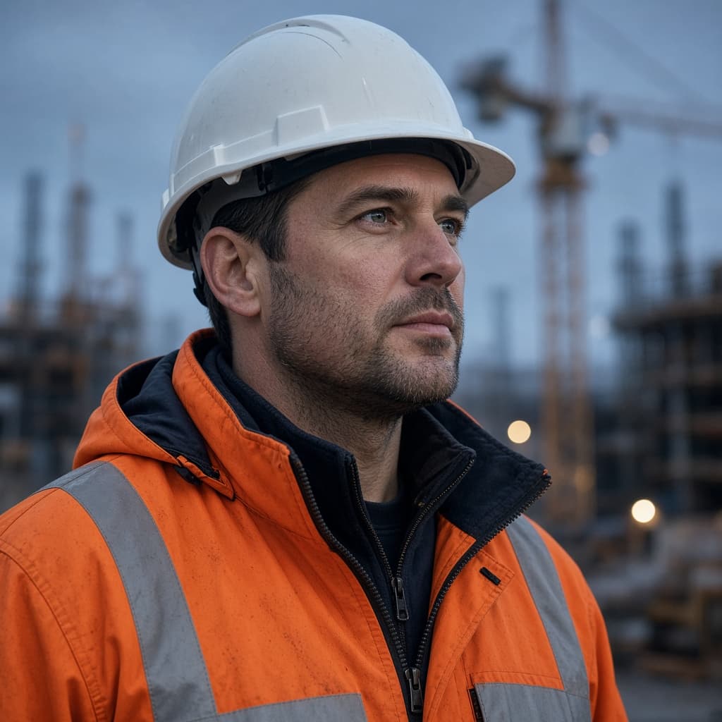 Worker in an orange high-visibility jacket and white hard hat