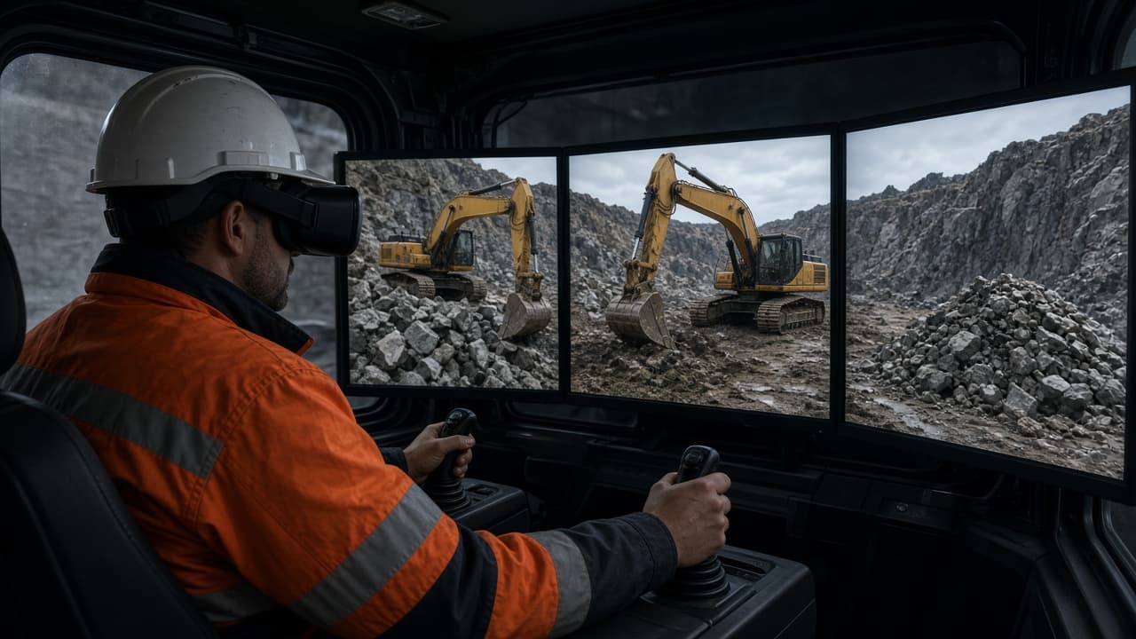 Operator in a training cab wearing a VR headset, with excavators on the monitors